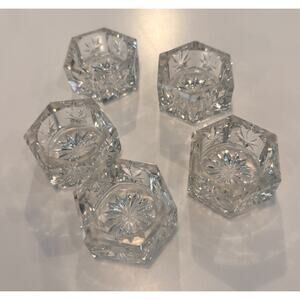 5 Clear Glass Open Salt Cellars Hexagon Shaped with Starburst Center 2" x 7/8"